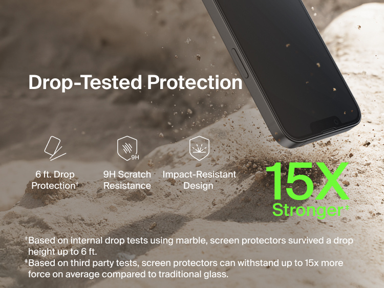 Belkin ScreenForce TemperedGlass screen protector for iPhone 17e demonstrating drop-tested protection with 15x stronger glass, 9H scratch resistance, and impact-resistant design in a rugged landing scene