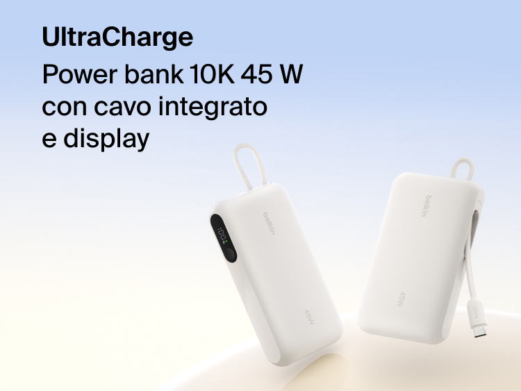 Belkin UltraCharge 10K 45W power bank with integrated cable and digital display showing battery level, designed for fast portable charging.