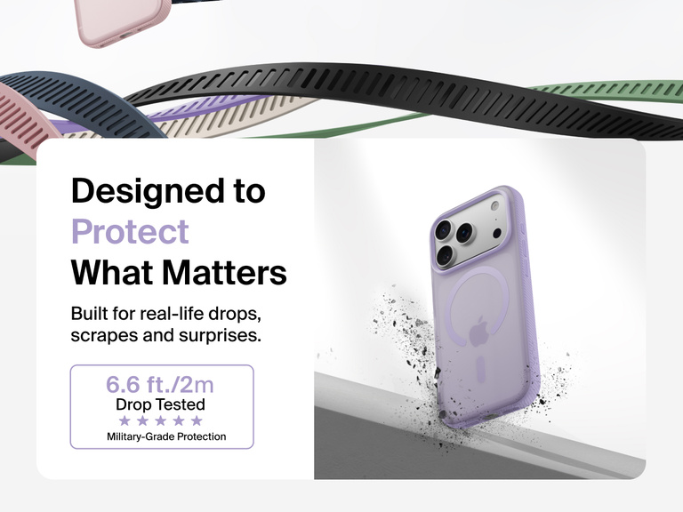 Belkin SheerForce Grip Series Case for iPhone 17 shown with textured grip and impact protection against drops.