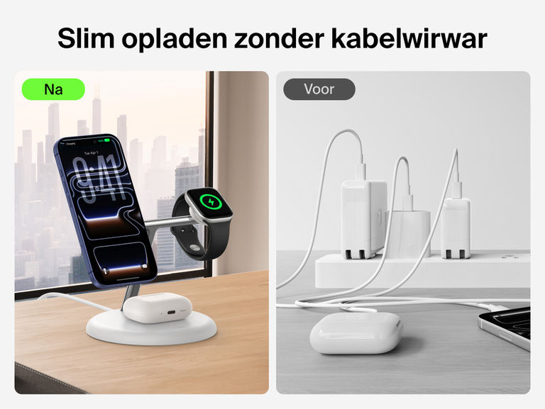 Belkin UltraCharge 3-in-1 Wireless Charging Stand with Qi2 25W reducing cable clutter by charging iPhone, Apple Watch, and AirPods in a clean organized setup compared to traditional wired charging