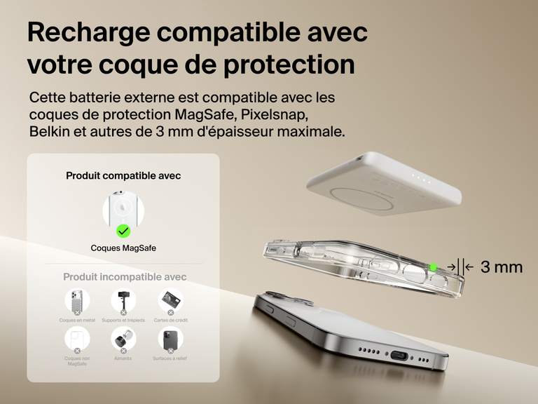 Belkin BoostCharge Slim Magnetic Power Bank 5K shown aligning with a smartphone and MagSafe-compatible case, demonstrating wireless charging through cases up to 3mm thick.
