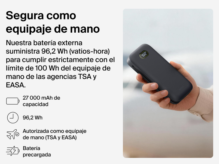 UltraCharge Pro Laptop Power Bank 27K with 27,000 mAh capacity and 96.2Wh rating, TSA carry-on compliant and designed for travel-ready portable charging