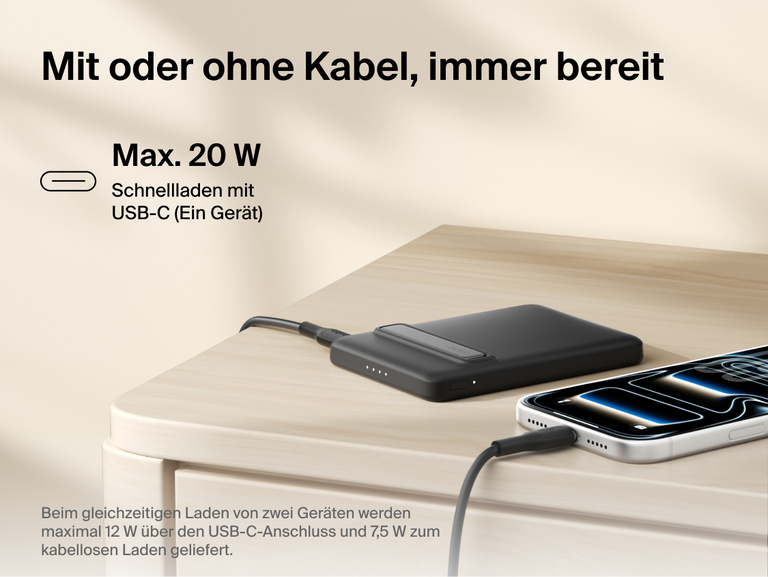 Belkin BoostCharge Slim Magnetic Power Bank 5K with Qi2 shown delivering wired USB-C fast charging and wireless charging for reliable, on-the-go power in a compact portable design.