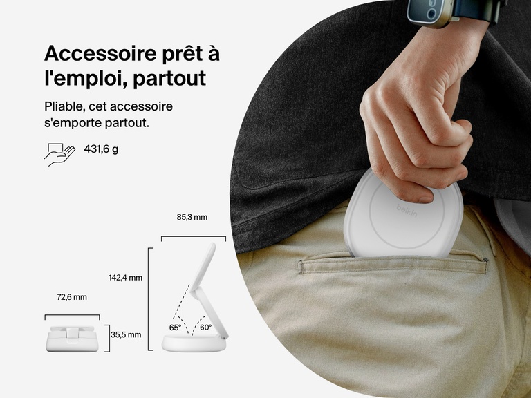 Belkin BoostCharge 2-in-1 Convertible Magnetic Charging Stand with Qi2 15W features a foldable, travel-friendly design that fits easily into a pocket for portable charging.