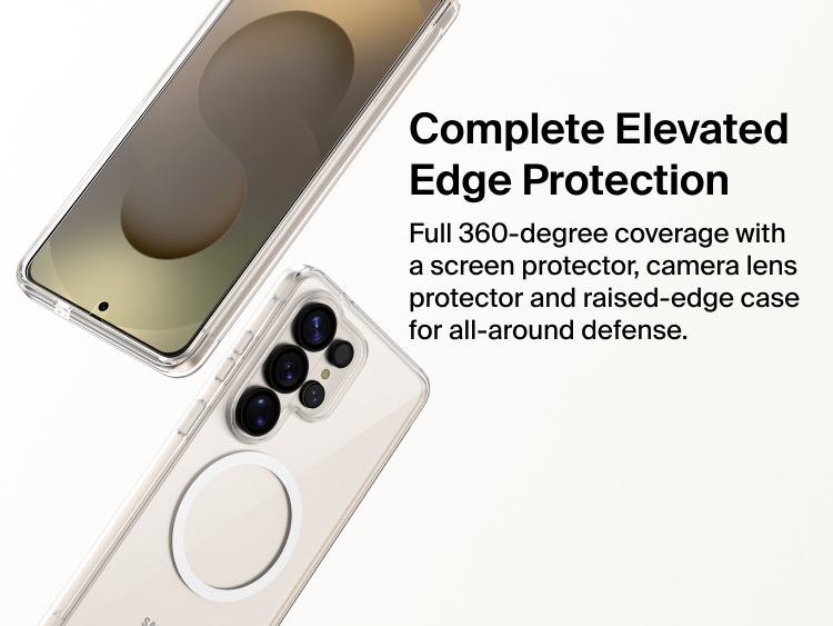 Belkin SheerForce Titan Protective Bundle for Samsung Galaxy S26 featuring 360-degree coverage with tempered glass screen protector, camera lens protectors, and raised-edge case for complete elevated edge defense.