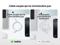 Image de comparaison montrant d'un côté le câble USB-C vers USB-C Belkin BoostCharge (60 W), souple et résistant aux enchevêtrement, et de l'autre un câble standard qui s'emmêle facilement.