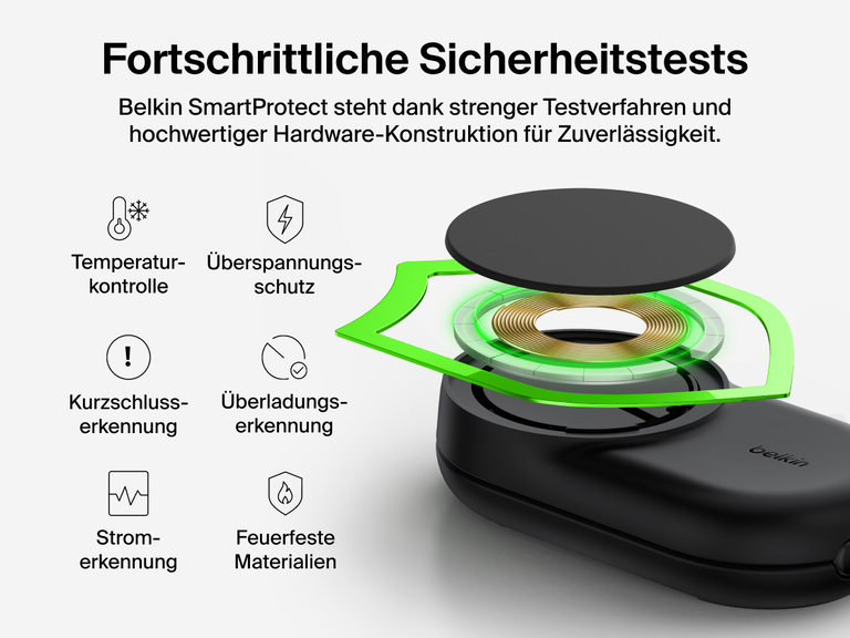 Die Belkin UltraCharge faltbare magnetische 3-in-1-Ladestation mit Qi2 25W bietet mit Belkin SmartProtect hochentwickelte Sicherheitsfunktionen wie Temperaturkontrolle, Überspannungsschutz, Kurzschlusserkennung und feuerfeste Materialien.