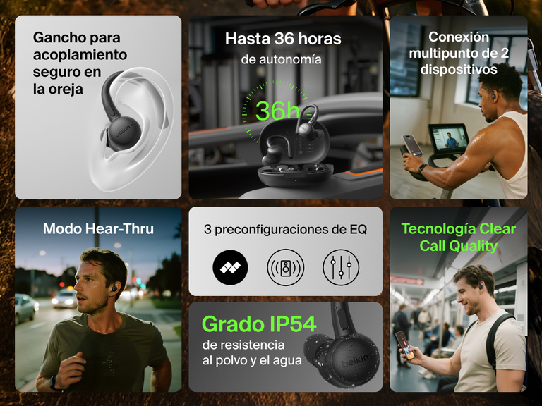 Belkin SoundForm ActiveFit Wireless Earbuds with up to 36h battery life, secure ear hook, IP54 dust and water resistance, Hear-Thru mode, multipoint connection, 3 EQ presets, and clear call quality.