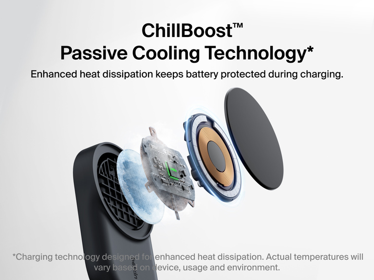 Belkin UltraCharge 3-in-1 Foldable Magnetic Charger with Qi2 25W features ChillBoost™ passive cooling technology for enhanced heat dissipation and battery protection.