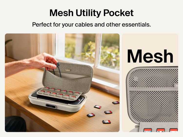 Belkin Gaming Charging Case Pro for Nintendo Switch 2 shown with mesh utility pocket for storing charging cables, accessories, and gaming essentials.
