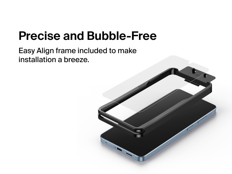 Belkin ScreenForce Titan EcoGuard Red Light Screen Protector for Samsung Galaxy S26 shown with Easy Align frame for precise, bubble-free installation and accurate screen coverage.