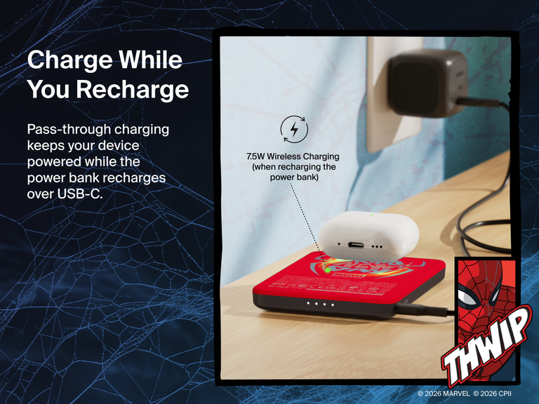 Belkin BoostCharge Slim Magnetic Power Bank 5K shown charging a smartphone on a table, highlighting its precharged battery ready for instant use out of the box.