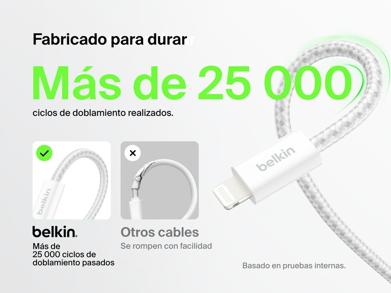 Cable Belkin BoostCharge USB-A con conector Lightning destacado por su vida útil de más de 25 000 doblamientos y un diseño trenzado duradero superior, con una longevidad y una resistencia superior a la de los cables estándar.