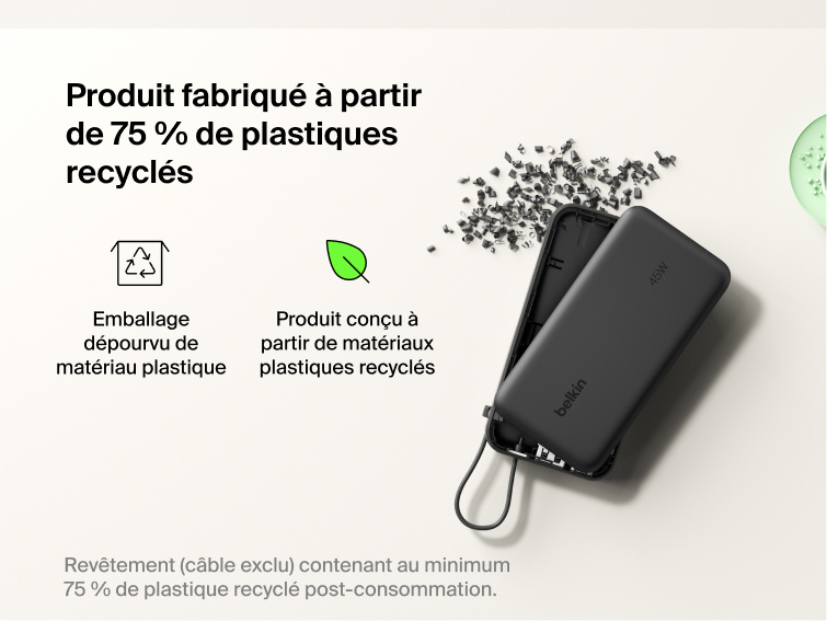 Belkin UltraCharge 10K power bank with integrated USB-C cable and digital display made with 75% recycled plastic and eco-friendly packaging