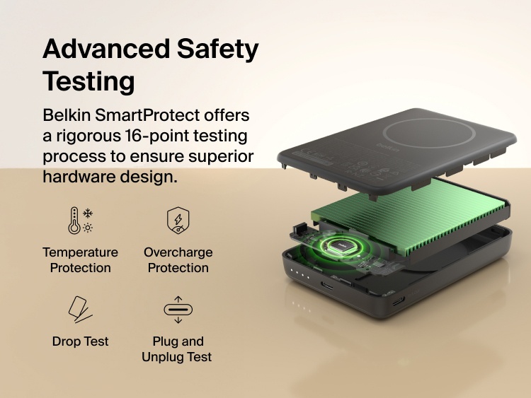 Belkin BoostCharge Slim Magnetic Power Bank 10K internal components showcasing SmartProtect safety system with temperature control, overcharge protection, drop testing, and plug and unplug durability testing