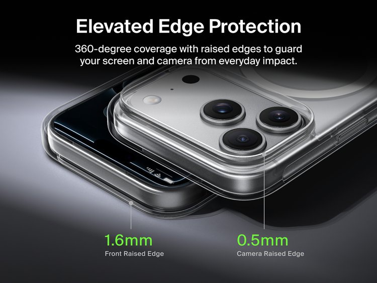 Belkin SheerForce Clear Series Case for iPhone 17 with elevated edge protection featuring 1.6mm front raised edge and 0.5mm camera raised edge for 360-degree coverage.