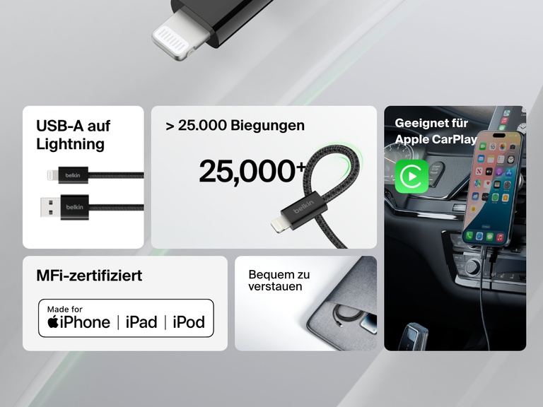 Das Belkin BoostCharge USB-A-Kabel mit Lightning Connector hält mehr als 25.000 Biegungen stand und lässt sich kompakt verstauen. Es verfügt über eine MFi-Zertifizierung, eignet sich für Apple CarPlay und zum nahtlosen Laden und Synchronisieren von iPhone-, iPad- und iPod-Geräten.