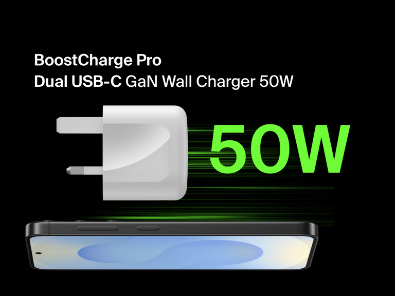 Belkin BoostCharge Pro Dual USB-C GaN Wall Charger 50W in white with compact foldable design shown alongside bold green 50W text on a black background.