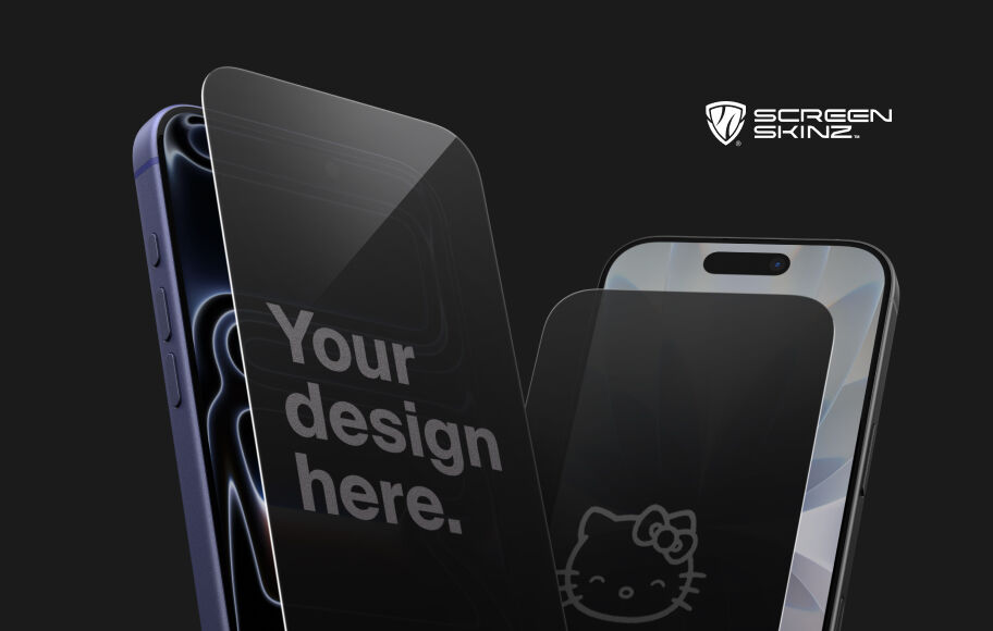 Custom Screen Skinz screen protectors displayed on iPhone 17 devices featuring personalized designs and branded artwork.