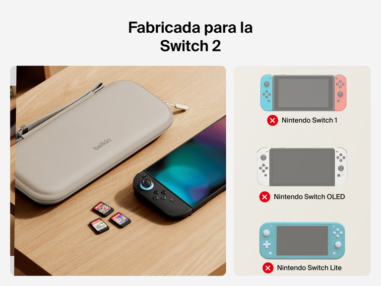 The Belkin Gaming Travel Case is shown beside a Nintendo Switch 2, with icons indicating compatibility exclusively with Switch 2—not with Switch 1, OLED, or Lite models.
