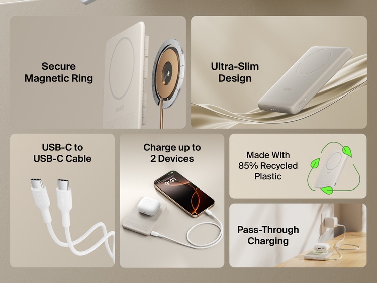 Belkin BoostCharge Slim Magnetic Power Bank 5K shown highlighting key features including secure magnetic ring, ultra-slim design, USB-C to USB-C cable, dual device charging, recycled materials, and pass-through charging capability.