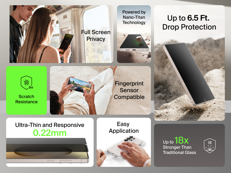 Belkin ScreenForce Titan SmartShield Privacy Filter Screen Protector for Samsung Galaxy S26 highlighting full-screen privacy, fingerprint sensor compatibility, 9H scratch resistance, up to 6.5 ft drop protection, ultra-thin 0.22 mm design, and easy application powered by Nano-Titan technology.