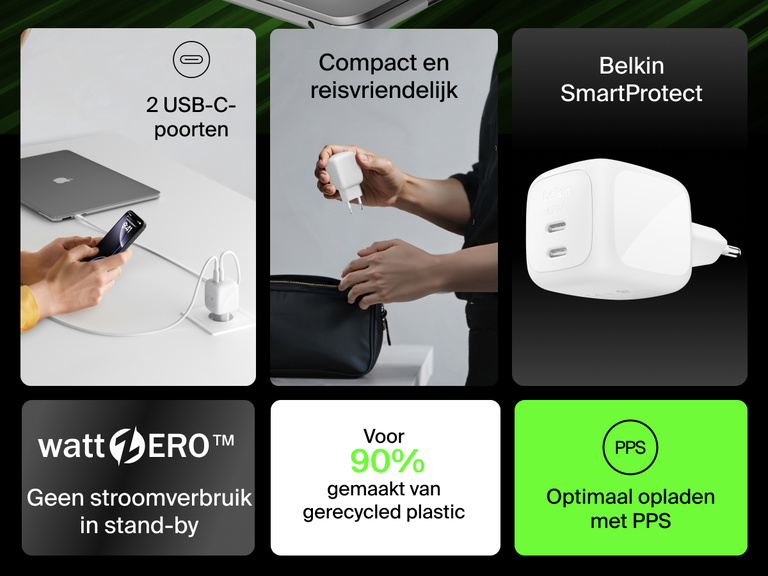 Afbeelding van een Belkin BoostCharge Pro 2-poorts USB-C GaN-wandlader van 67 W waarin de kenmerken worden benadrukt, waaronder twee poorten, snel opladen met PPS, de veiligheid van SmartProtect-technologie en het milieuvriendelijke design met 90% gerecycled plastic.