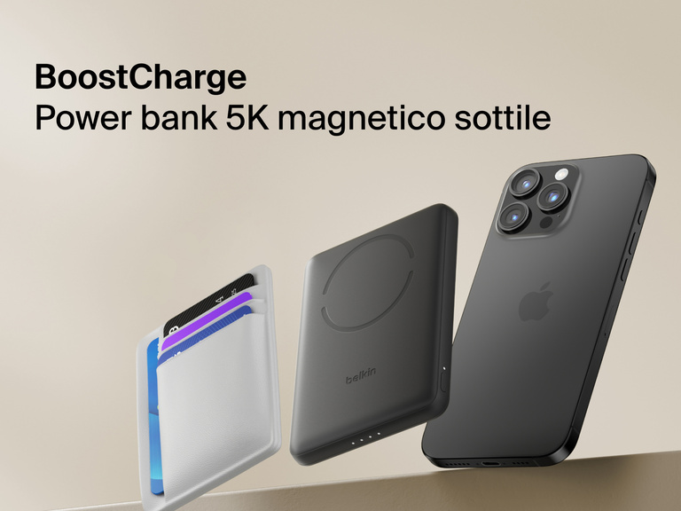 Belkin BoostCharge Slim Magnetic Power Bank 5K shown magnetically attached to a smartphone beside a slim wallet accessory, highlighting its compact portable charging design.