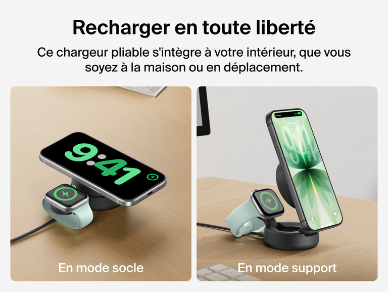 Image du socle de recharge 2-en-1 Belkin UltraCharge&nbsp;Pro aimant&eacute; et pliable avec Qi2 25&nbsp;W en mode socle ou support, offrant une recharge sans fil rapide &agrave; un smartphone et &agrave; une Apple&nbsp;Watch, &agrave; la maison ou en d&eacute;placement.