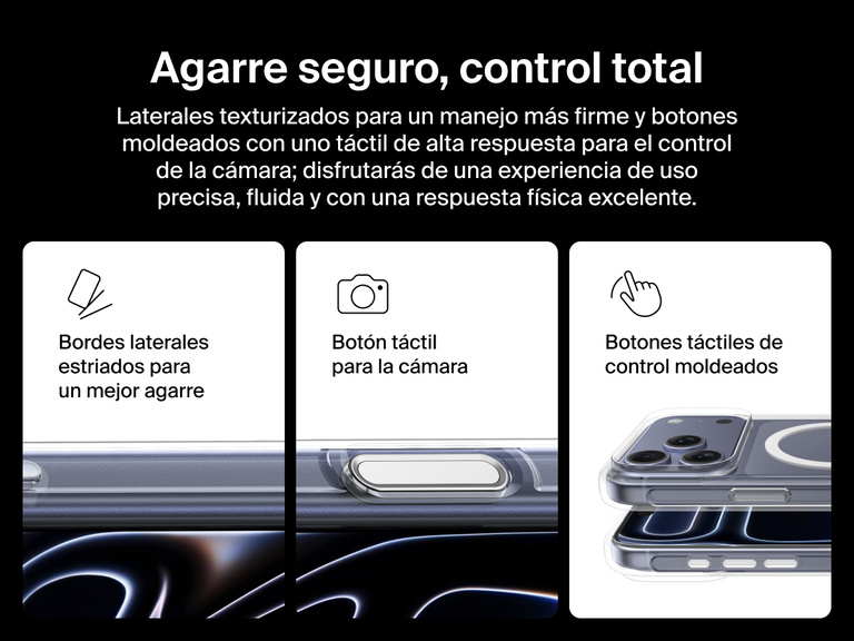 Belkin SheerForce Clear Series Case for iPhone 17 with grooved edges, tactile molded controls, and touch-sensitive camera button for secure grip and seamless control.