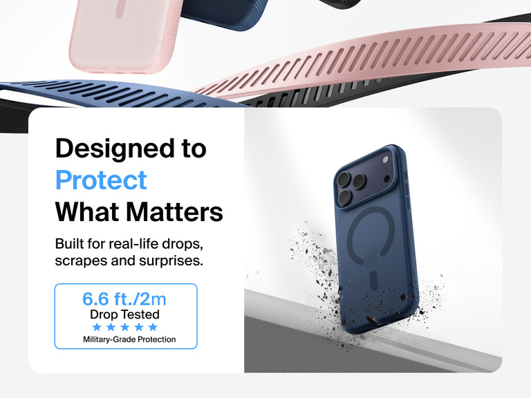 Belkin SheerForce Grip Series Case for iPhone 17 shown with textured grip and impact protection against drops.