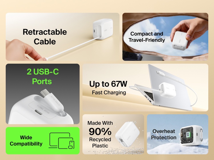 Belkin UltraCharge Retractable GaN Wall Charger 67W with built-in retractable USB-C cable, dual USB-C ports, fast charging up to 67W, compact travel-friendly design with wide device compatibility and overheat protection.