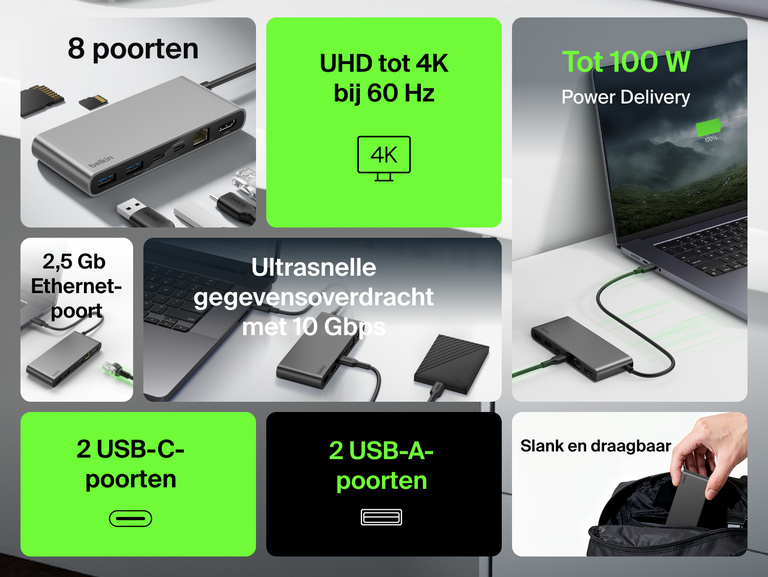 Afbeelding van de Belkin Connect 8-poorts USB-C-hub met 2,5 Gb Ethernet-poort op een bureau, waarvan de belangrijkste kenmerken geïllustreerd worden: 100 W Power Delivery, gegevensoverdracht met 10 Gbps, ondersteuning voor 4K-beeldschermresoluties, slanke, draagbare vormgeving en meerdere poorten waaronder USB-C-, USB-A- en Ethernet-poorten voor uitgebreide aansluitmogelijkheden.