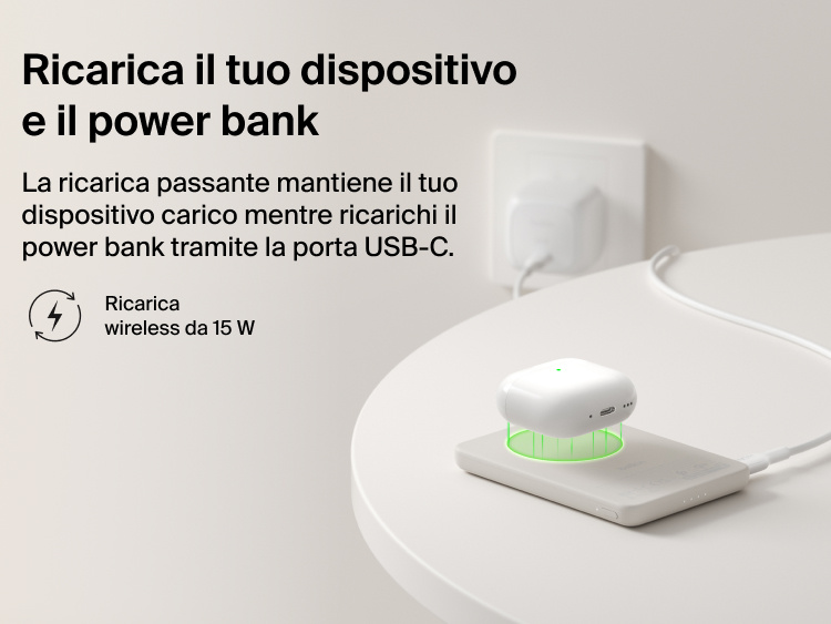 Belkin BoostCharge Slim Magnetic Power Bank 5K with Qi2 demonstrating pass-through charging, wirelessly powering a device while the power bank recharges via USB-C.