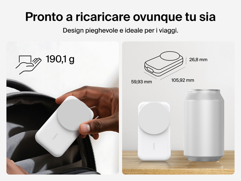 Il caricabatteria magnetico pieghevole 3 in 1 con Qi2 da 25 W Belkin UltraCharge vanta un peso di soli 190,1 grammi e un design compatto e portatile, ideale per il trasporto durante i viaggi.
