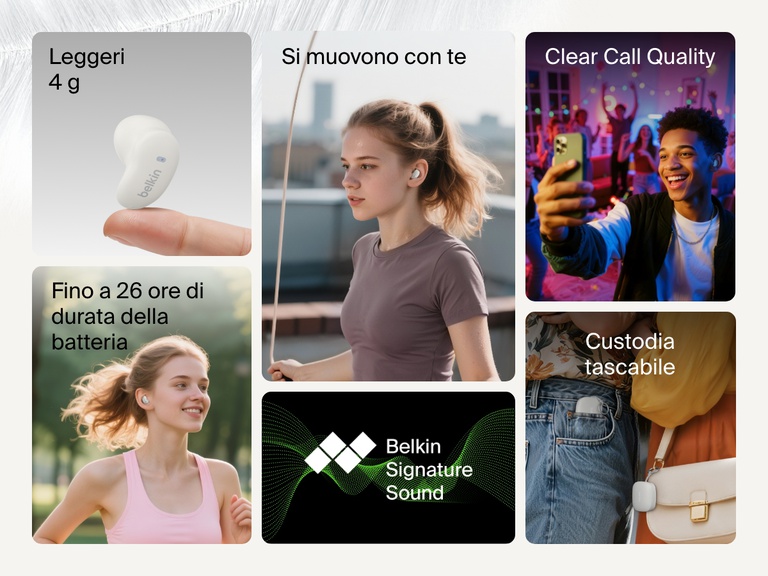 Belkin SoundForm Anywhere Wireless Earbuds shown with lightweight 4g design, up to 26h battery life, clear call quality, pocket-perfect case, and Belkin Signature Sound.