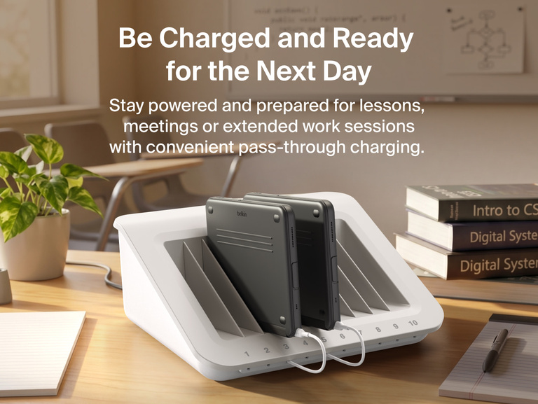 USB-C Keyboard Folio with Display Hub for iPad connected to a multi-device charging station for pass-through charging.