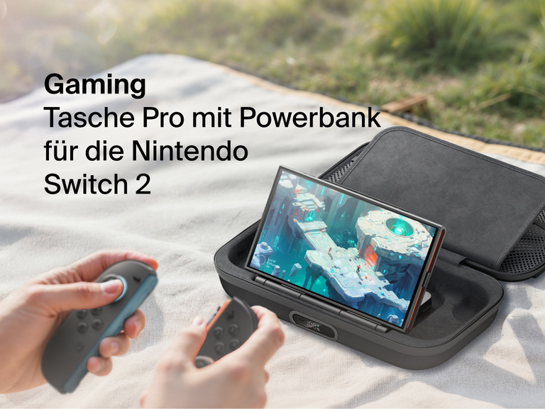 Belkin Gaming Charging Case Pro for Nintendo Switch 2 shown powering the console during outdoor gameplay with built-in charging and protective travel design.