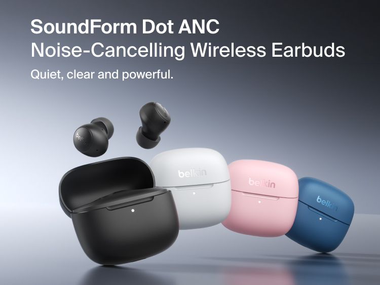SoundForm Dot ANC Noise-Cancelling Earbuds shown with their charging cases open beside a pair of earbuds