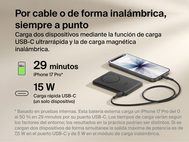 Belkin BoostCharge Slim Magnetic Power Bank 5K with Qi2 shown delivering wired USB-C fast charging and wireless charging for reliable, on-the-go power in a compact portable design.