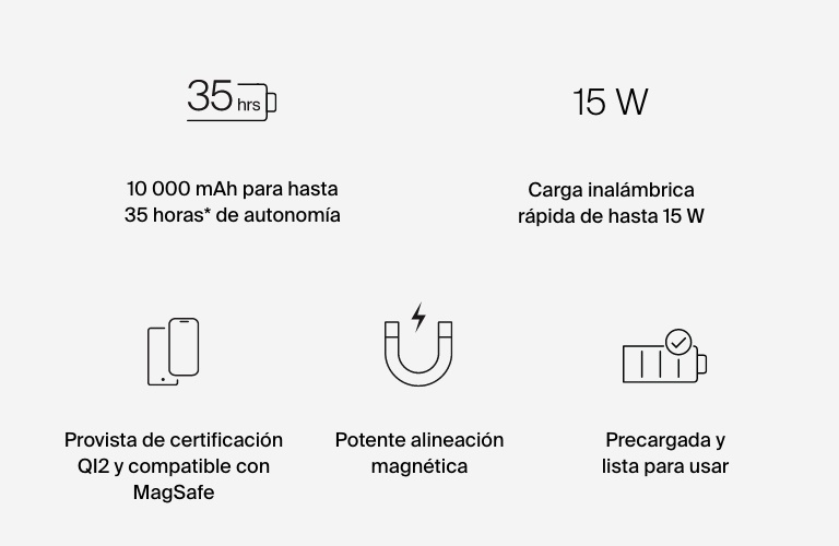 Tu solución portátil de carga Qi2 ya está aquí. Carga tus dispositivos con hasta 15 W gracias a la última tecnología magnética inalámbrica disponible.