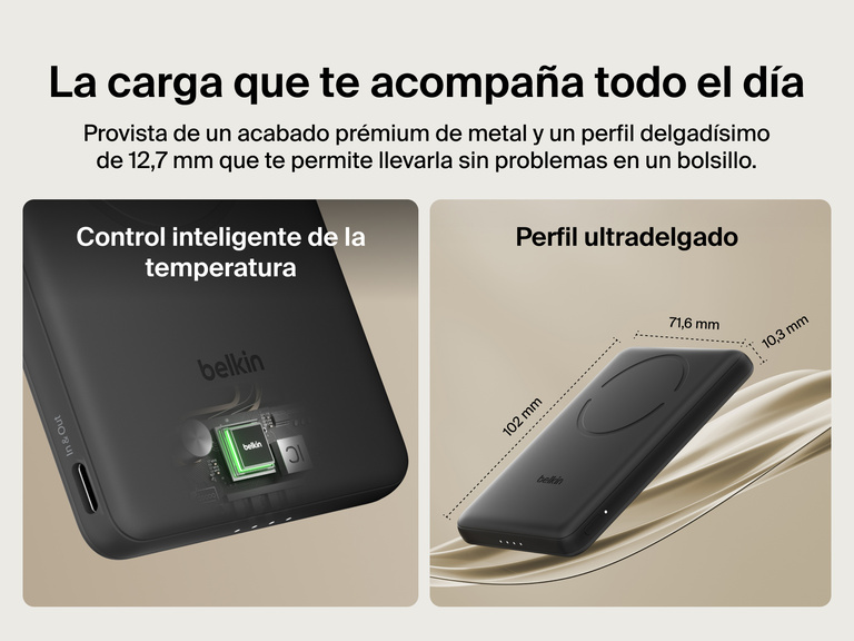 Belkin BoostCharge Slim Magnetic Power Bank 5K shown with smart thermal control and ultra-slim 0.5-inch profile designed for portable, pocket-friendly charging.