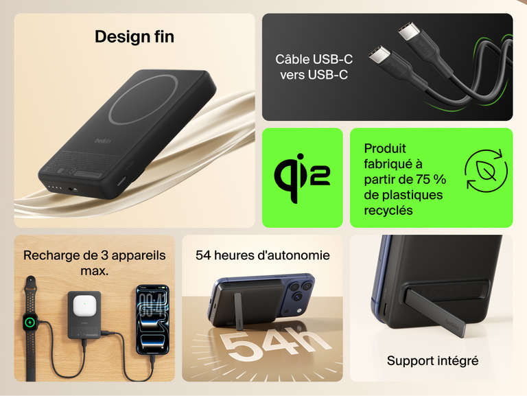 Slim Magnetic Power Bank 10K with Qi2 highlighting slim profile, kickstand support, multi-device charging, and included USB-C cable