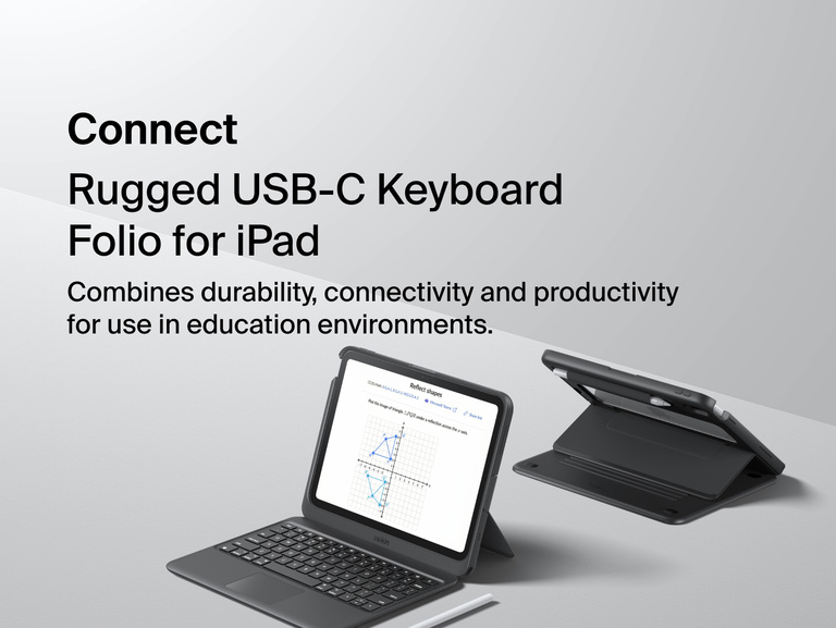 USB-C Keyboard Folio for iPad shown open for typing and folded into a viewing stand.
