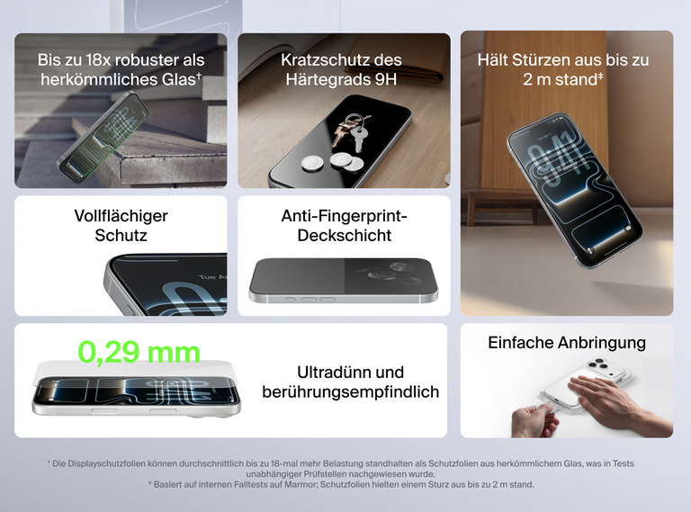 Belkin ScreenForce InvisiGlass Displayschutz f&uuml;r das iPhone mit bis zu 18-mal robusterem Glas, Kratzfestigkeit des H&auml;rtegrads 9H, Schutz bei Aufprall aus einer H&ouml;he von bis zu 2&nbsp;m und Anti-Fingerprint-Beschichtung. Einfache Applikation mit vollfl&auml;chiger Abdeckung, ultrad&uuml;nn (0,29&nbsp;mm).