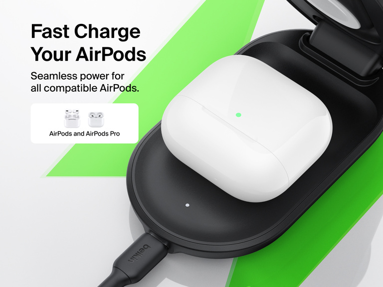 Belkin UltraCharge 3-in-1 Foldable Magnetic Charger with Qi2 25W provides fast wireless charging for AirPods and AirPods Pro with seamless compatibility.