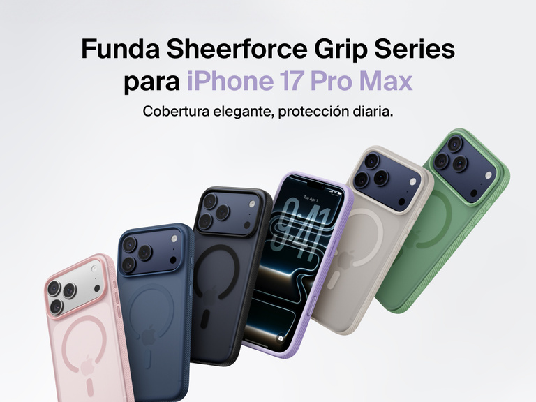 Belkin SheerForce Grip Series protective case for iPhone 17 shown in pink, clear, and black with slim design and MagSafe compatibility.