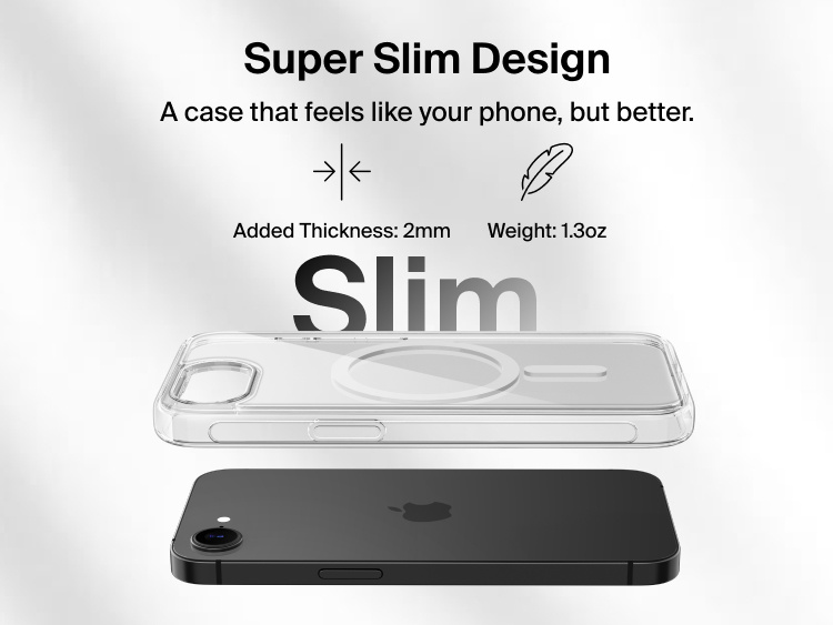 Ultra-thin clear magnetic phone case shown above an iPhone to highlight its slim 2mm profile and lightweight design that adds minimal bulk while maintaining protection.
