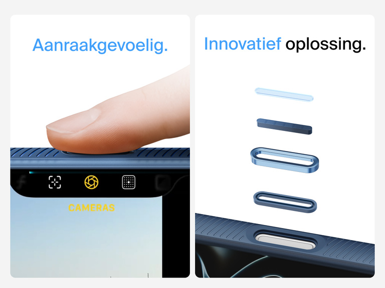 Belkin SheerForce Grip Series Case for iPhone 17 with MagSafe ring, raised edges, and floating tinted buttons for precision protection.