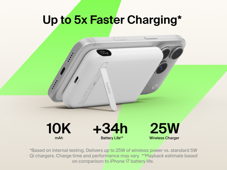 Belkin UltraCharge Pro Power Bank 10K with magnetic ring attached to a smartphone, highlighting up to 25W wireless fast charging, 10,000 mAh capacity, extended battery life, and built-in kickstand for hands-free use.